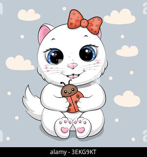 Adorabile carino gatto bianco Cartoon con fiocco di capelli rossi e coccinello. Illustrazione vettoriale dell'animale su sfondo blu con nuvole. Illustrazione Vettoriale