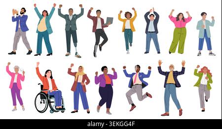 Un gruppo di persone felice e diversificato celebra con gioia Illustrazione Vettoriale