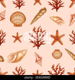 Motivo marino minimalista senza cuciture con conchiglie di vari acquerelli, coralli arancioni e stelle marine. Temi per bambini, nautica, viaggi. Adatto Foto Stock