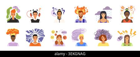 Gruppo di persone che mostrano pensieri negativi, ansia, rabbia, confusione, burnout, tristezza, mal di testa e sovraccarico emotivo in stile piatto, isolato su sfondo bianco immagine vettoriale Illustrazione Vettoriale