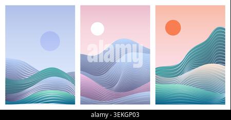 Paesaggio astratto e stilizzato con linee di contorno fluide, colline in pendenza, sole e cieli pastello in tre pannelli moderni, isolati su sfondo bianco illustrazione vettoriale Illustrazione Vettoriale