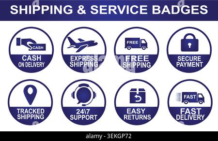Blue e Commerce Shipping and Service Icons Set Vector consegna rapida spedizione gratuita Cash on Delivery pagamento sicuro spedizione tracciata 24 7 supporto facile Illustrazione Vettoriale