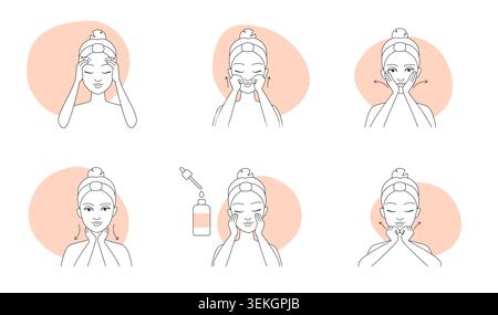 Set di disegni minimali che mostra la donna che esegue tecniche di massaggio facciale con applicazione del siero, movimenti di sollevamento e rilassamento per la cura della pelle, con illustrazione vettoriale su sfondo bianco Illustrazione Vettoriale