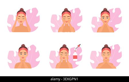 La donna dimostra tecniche di massaggio facciale con applicazione del siero e movimenti verso l'alto per la cura della pelle, della bellezza, del benessere e dell'auto isolate su sfondo bianco Illustrazione Vettoriale