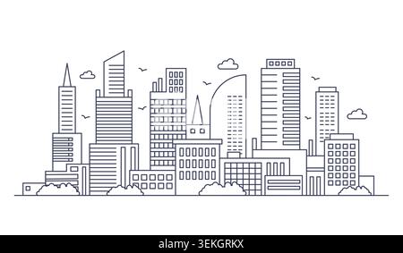 Skyline urbano minimale con grattacieli, torri di uffici, nuvole e alberi in uno stile pulito per la pianificazione urbana, l'architettura e il design aziendale isolato su sfondo bianco Illustrazione Vettoriale