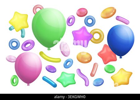 Coloratissimi elementi 3D per feste con palloncini, stelle, anelli, forme di gelatina e caramelle natalizie, illustrazione vettoriale isolata su sfondo bianco Illustrazione Vettoriale