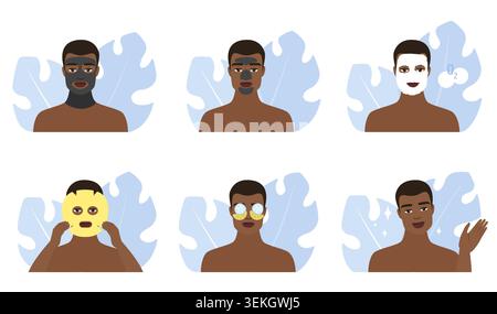 Set piatto che mostra la routine della maschera facciale uomo nero con carbone, argilla, maschera in lamiera, cerotti per gli occhi e pelle lucida, isolata su sfondo bianco illustrazione vettoriale Illustrazione Vettoriale