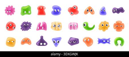 Colorate forme di doodle in gelatina 3d con simpatiche emozioni facciali in divertenti forme astratte per il design dei bambini, adesivi, icone e divertenti progetti creativi isolati su sfondo bianco Illustrazione Vettoriale