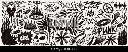 Doodle punk rock con simboli di fuoco, fulmini, teschio e grunge tatuaggi in una texture nera. Musica punk ed elementi rock per adesivi Illustrazione Vettoriale