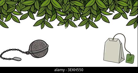 Striscione di foglie di tè verde fresco con sacchetto di tè e illustrazione del vettore infusore Illustrazione Vettoriale