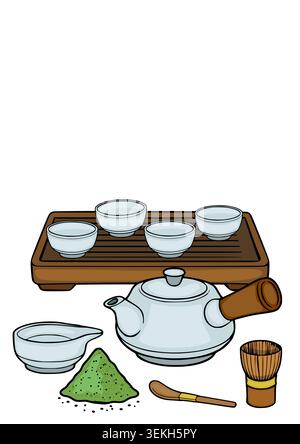 Cerimonia del tè giapponese con illustrazione vettoriale con polvere di matcha, teiera, tazze e frusta Illustrazione Vettoriale