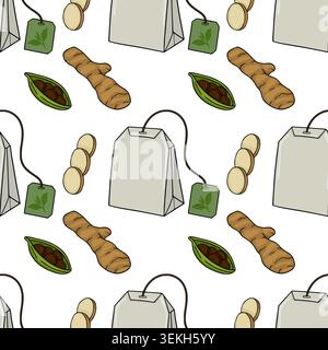 Pattern vettoriale senza cuciture di bustine di tè, fette di zenzero e cialde di cardamomo su sfondo bianco Illustrazione Vettoriale