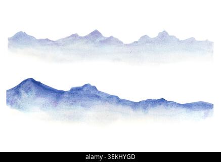 Illustrazione ad acquerello disegnata a mano di due silhouette orizzontali di montagna in sfumature di blu e viola tenue. Colline astratte a strati con nebbia Foto Stock