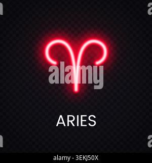 Segno zodiacale neon Aries che si illumina su sfondo trasparente. Brillante simbolo astrologico per il design dell'oroscopo, il marchio celeste e la decorazione mistica. Illustrazione Vettoriale