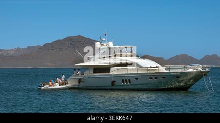 I passeggeri dello yacht di lusso salgono a bordo di un gommone rigido durante il trasferimento in mare Foto Stock
