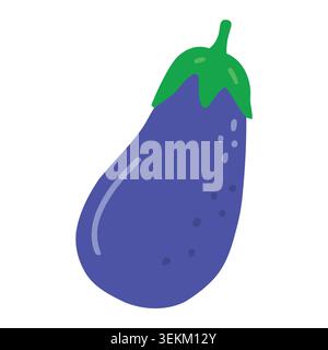 Vivace melanzana viola con gambo verde e parte superiore a foglia in stile vettoriale cartoni animati. Ideale per blog di cibo, ricette, promozioni di mangiare sano, e p Illustrazione Vettoriale
