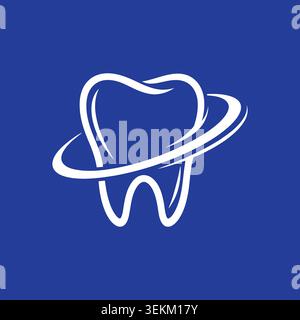 Moderna illustrazione minimalista di un'icona a forma di dente, ideale per il branding odontoiatrico e il marketing sanitario, con semplici linee bianche su una ba blu Illustrazione Vettoriale