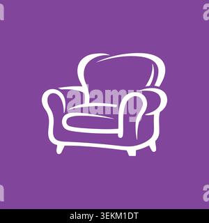 Un semplice disegno in linea bianca di una poltrona classica su un solido sfondo viola, ideale per l'illustrazione di mobili, progetti di interior design, arredamento per la casa Illustrazione Vettoriale