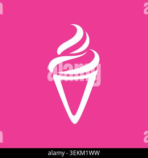 Icona del cono di gelato bianco minimalista su sfondo rosa brillante in semplice stile line art, ideale per il branding, il packaging, l'editoriale e il digitale del cibo Illustrazione Vettoriale