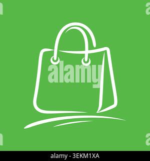Elegante icona a forma di borsetta bianca su sfondo verde, che trasuda raffinatezza. Ideale per editoriali di moda, guide allo shopping, branding di accessori, AN Illustrazione Vettoriale