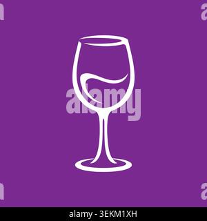 Semplice icona di bicchiere di vino bianco su sfondo viola, creata in stile art dalle linee pulite. Ideale per il branding di alimenti e bevande, imballaggi, editoriali Illustrazione Vettoriale