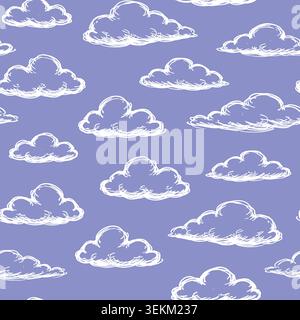 Sfondo lavanda con motivo a ripetizione di nuvole bianche in stile schizzo disegnato a mano. Ideale per tessuti, carta da imballaggio e articoli di cancelleria. Prodezza Illustrazione Vettoriale