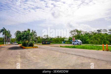 Percorsi leggeri da auto che guidano su un'autostrada nella giungla tropicale di notte, catturati con fotografie di viaggio a lunga esposizione sull'isola di Isla Cozumel a Quintana R. Foto Stock