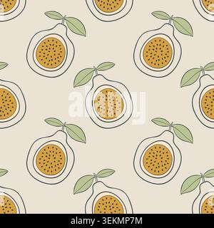 motivo con illustrazioni piatte disegnate a mano di metà del frutto della passione con semi e foglie verdi su uno sfondo beige neutro. D. Tropicale minimalista Illustrazione Vettoriale