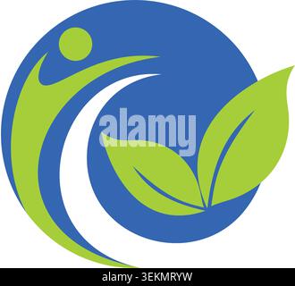 Moderno logo eco-benessere con una figura umana e foglie, simbolo di salute, sostenibilità, natura, crescita, e l'equilibrio. Illustrazione Vettoriale