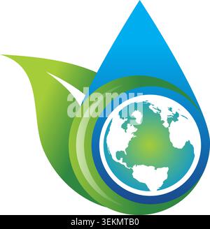 Moderno logo ambientale con una goccia d'acqua, una foglia verde e un globo, che simboleggia la sostenibilità, la conservazione, e risorse pulite. Illustrazione Vettoriale
