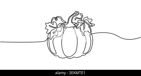 Disegno minimalista a linea continua di una zucca con foglie Illustrazione Vettoriale