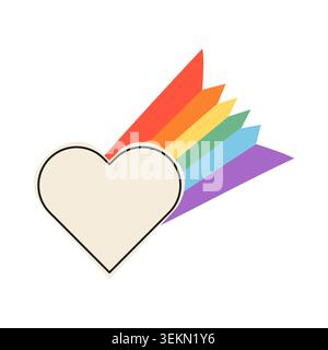 Cuore per riprese retrò con percorso arcobaleno isolato su sfondo bianco. Illustrazione pop art estetica anni '90 con colori della bandiera LGBTQ per il mese dell'orgoglio Illustrazione Vettoriale