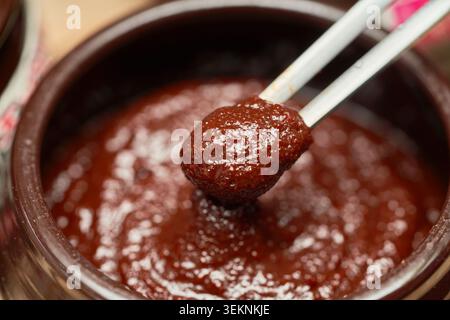 Sono presenti autentico gochujang Sunchang e vari jangajji piccanti. I primi piani mostrano la pasta di peperoncino rosso lucido servita sul riso bianco fumante. Foto Stock