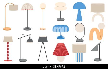Collezione di lampade estetiche: Lampade disegnate a mano, moderne e in stile scandinavo della metà del secolo per il design degli interni Illustrazione Vettoriale