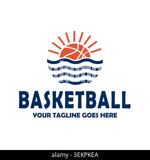 Basket Sunset Ocean Logo Design with Waves Illustrazione Vettoriale