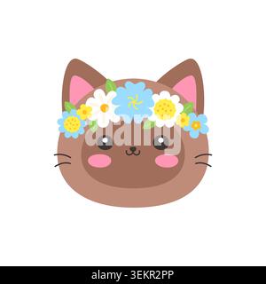 Simpatico volto di gatto Kawaii con Flower Crown illustrazione vettoriale piatta su sfondo bianco Illustrazione Vettoriale