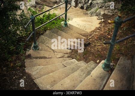 Guardando giù da una rampa di vecchie scale di cemento con una ringhiera verde in metallo vintage, che si snoda attraverso un ripido sentiero forestale o un parco collinare. Foto Stock