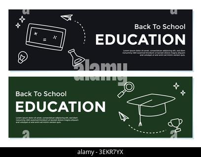Un set di banner Back to School semplice e minimalista con forniture scolastiche disegnate a mano su fondali neri e verdi scuro che ricordano le lavagne. Illustrazione Vettoriale