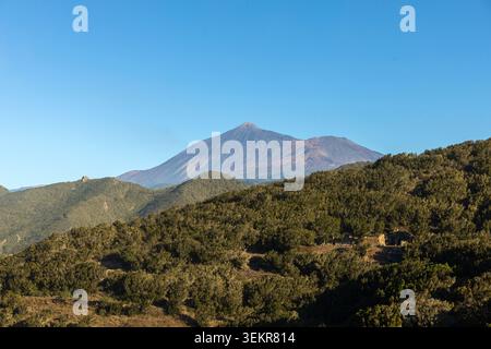 Vista del monte Teide che si innalza sopra le verdi creste montane di Tenerife nel Parco rurale Teno, Isole Canarie, Spagna. Foto Stock