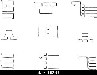 Il diagramma di flusso infografico e le forme del diagramma disegnati a mano impostano lo schema a blocchi del diagramma aziendale il disegno con linee nere su sfondo bianco Illustrazione Vettoriale