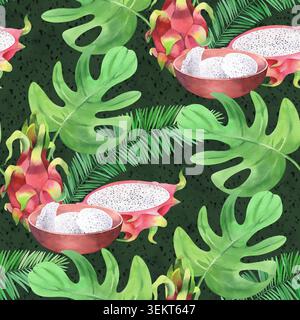 Motivo senza cuciture delle foglie di pitahaya, ciotola, palma e monstera con i semi di pitahaya su sfondo verde. Illustrazione acquerello. Per la progettazione Foto Stock