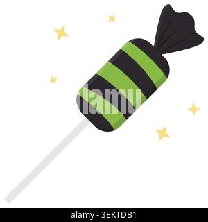 Carino lecca lecca caramella di Halloween con strisce verdi e nere. Perfetto per inviti a feste e decorazioni. Ideale per biglietti d'auguri, adesivi, pa Illustrazione Vettoriale