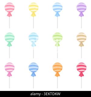 Carino set di caramelle lecca pastello con dolci a righe colorate. Perfetto per feste, inviti di compleanno, biglietti d'auguri, adesivi, Illustrazione Vettoriale