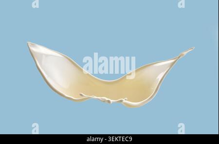 Foto macro ad alta velocità di un brillante latte bianco spruzzato, gocciolato e ondulato congelato in movimento su uno sfondo blu. La liq. Pulita e dinamica Foto Stock