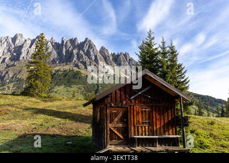Un'affascinante capanna rustica in legno si trova in un pittoresco prato alpino, con gli sci appoggiati al suo esterno intempestivo. Il rifugio è circondato da l Foto Stock