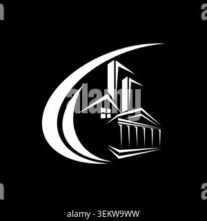 Sofisticato logo immobiliare con edifici moderni, dettagli architettonici e una forma a mezzaluna che simboleggia la crescita. Illustrazione Vettoriale