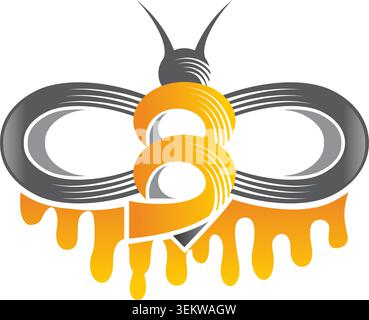 Logo creativo ispirato alle api con forme fluide a infinito ed elementi di miele che sgocciolano, simboleggiano produttività, sostenibilità, natura e creatività Illustrazione Vettoriale