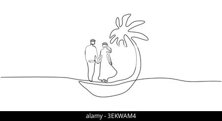 Disegno minimalista a linea continua di una coppia sotto una palma Illustrazione Vettoriale