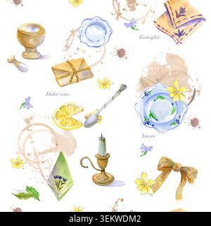 Sfondo in stile cucina vintage acquerello con motivo senza cuciture, stoviglie retrò, candela al limone e macchie di caffè. Illustrazione ad acquerello disegnata a mano per Foto Stock