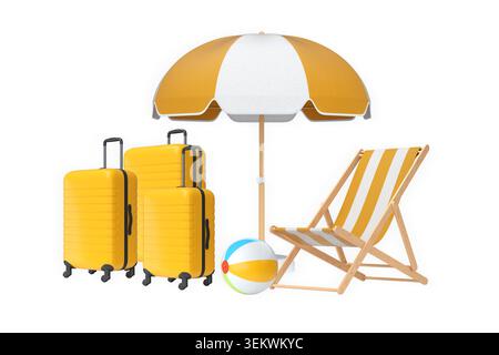 Articoli per le vacanze estive, tra cui valigie, palle da spiaggia, sedia e accessori su sfondo bianco, concetto di viaggio per le vacanze Foto Stock